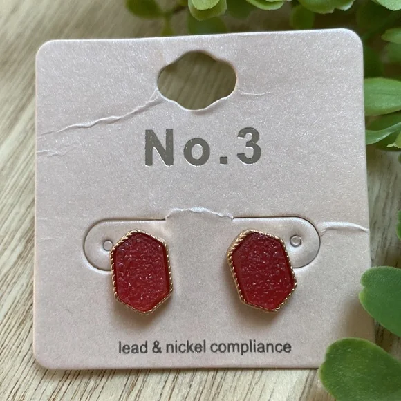 🎉HP🎉 No. 3 Stud Sparkle Druzy Earrings 💗 Red & Gold - Picture 2 of 9